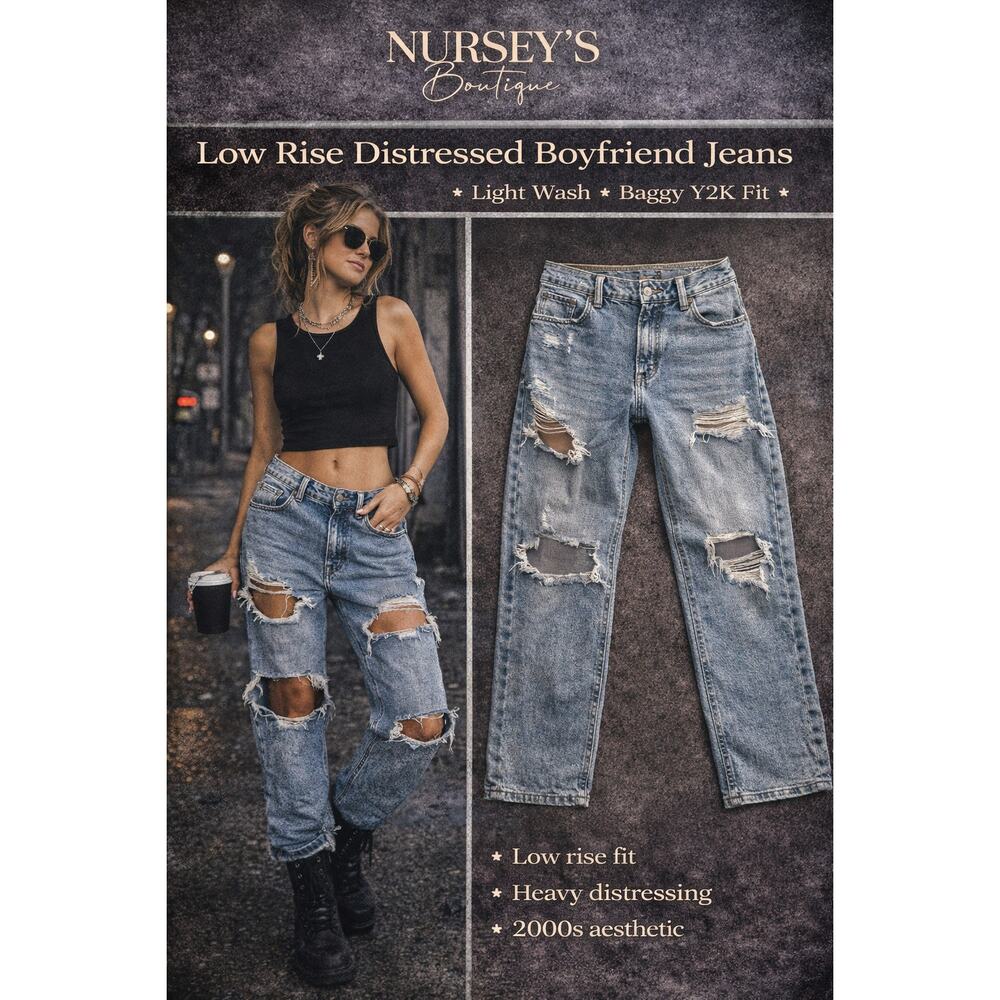 SO Low Rise Boyfriend Jeans Distressed Light Wash Y2K Baggy